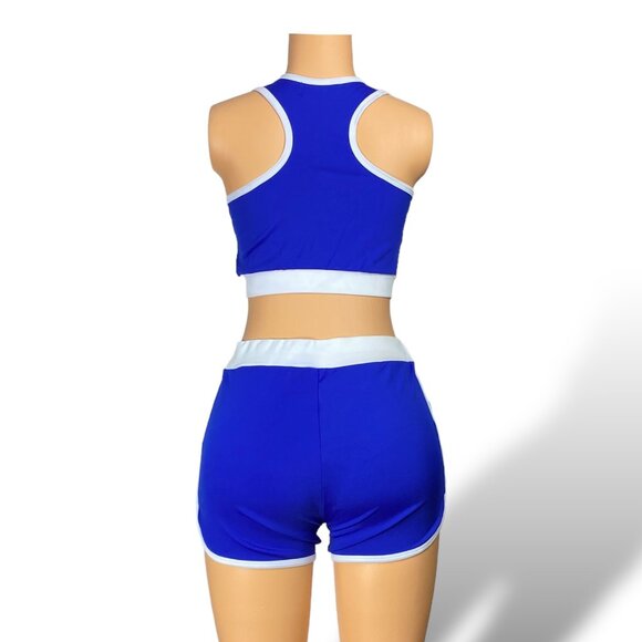 Women Tracksuit Short Sleeve Crop Top & Shorts - Tops with Removable Pads | Blue - Picture 5 of 5
